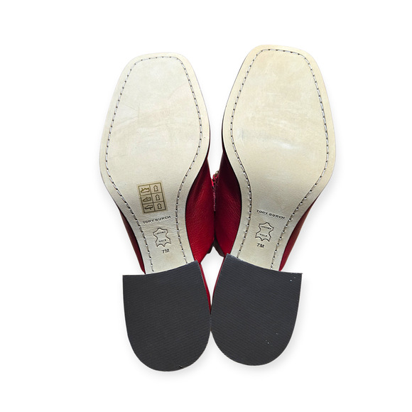 Tory Burch Red Perrine Vintage Gold Plaque Heel Fellini Milled Mule Pumps Size 7 - Picture 7 of 9